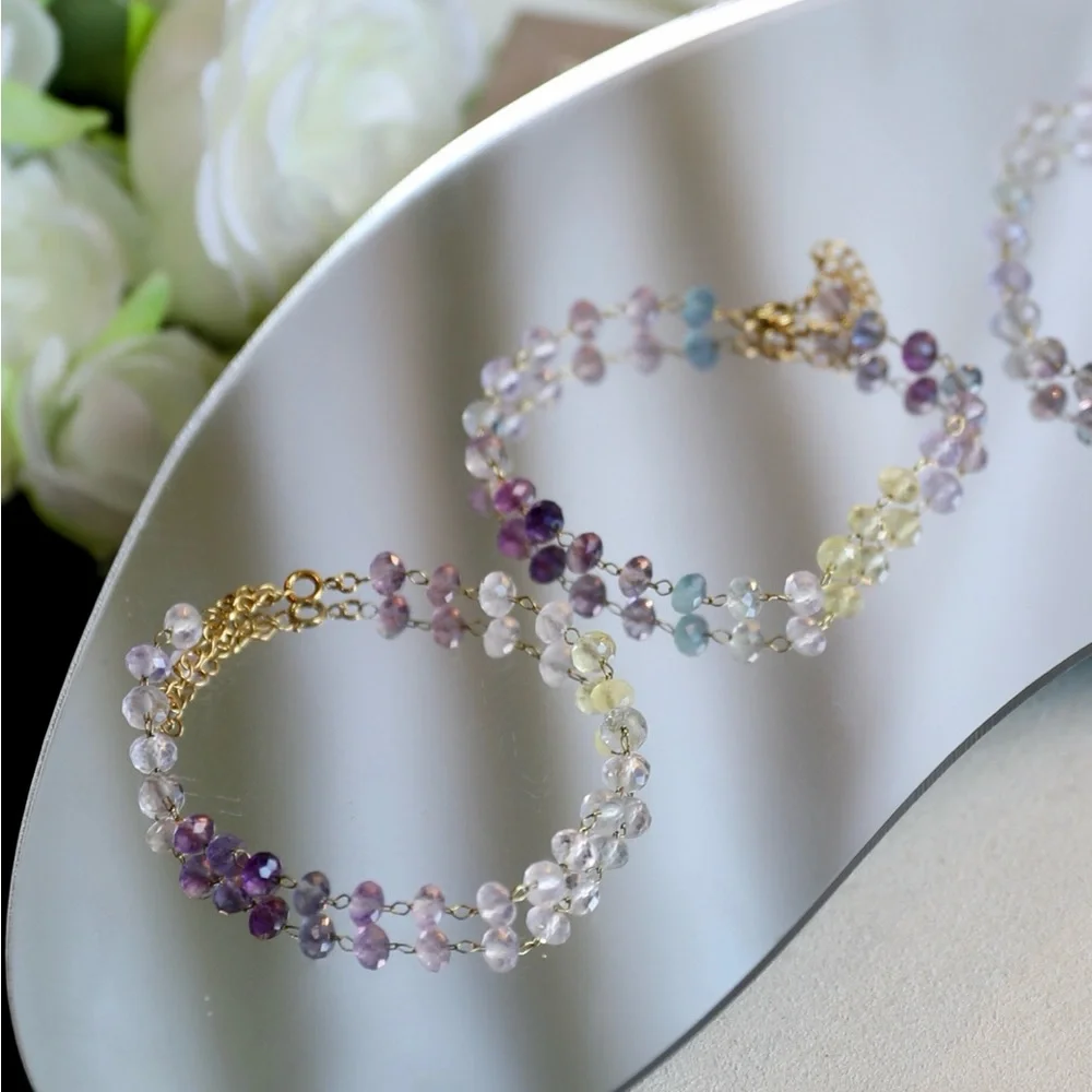 18K Gold Plated Minimalist Rainbow Fluorite Bracelet - Picture 3 of 11
